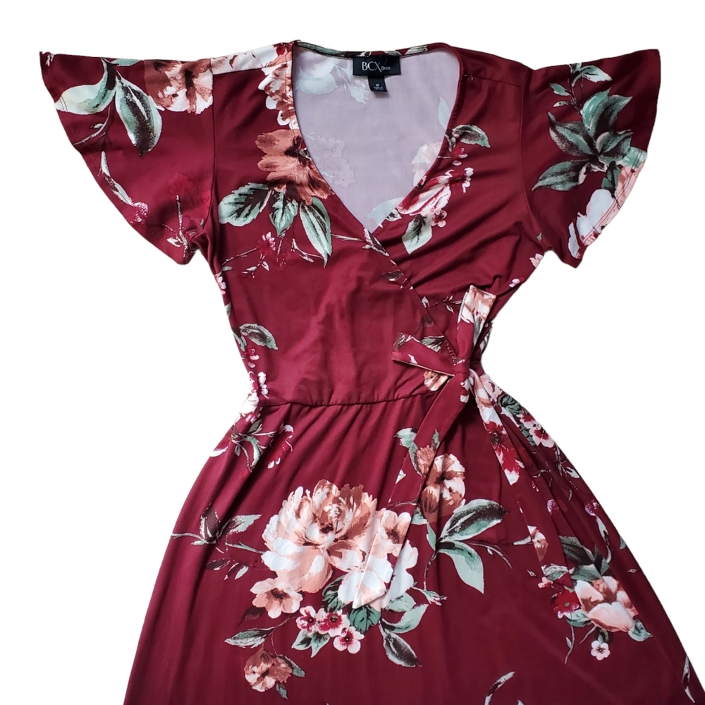Asymmetrical High Low Wrap Bow Red Floral Flowers CottageCore BCX Dress Medium